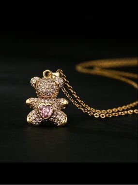 Teddy Bear Pendant Necklace with Pink Crystal Heart